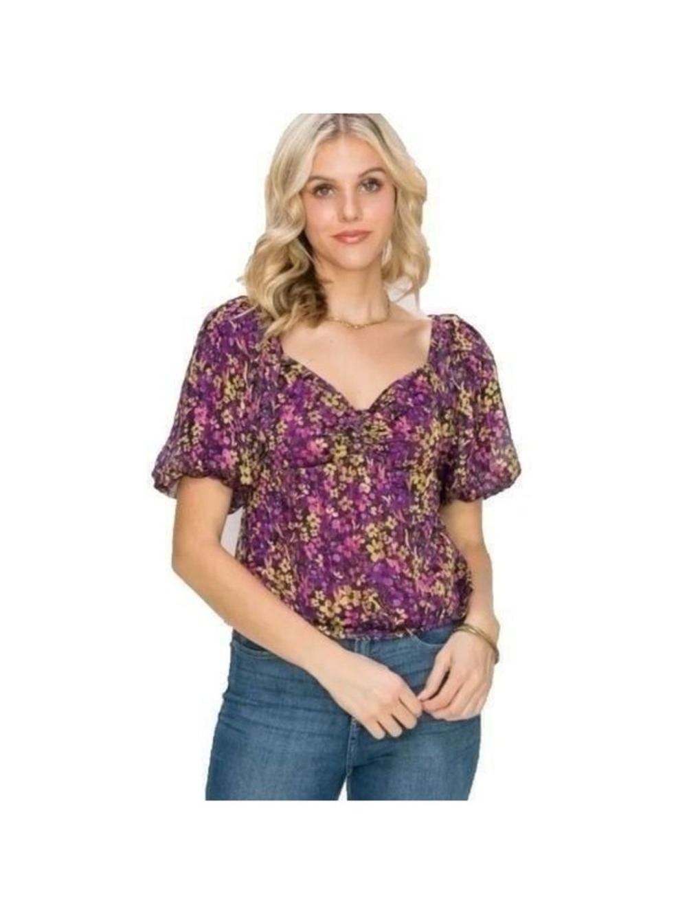 New! Adelyn Rae Floral Dana Puff Sleeve Top Sz M